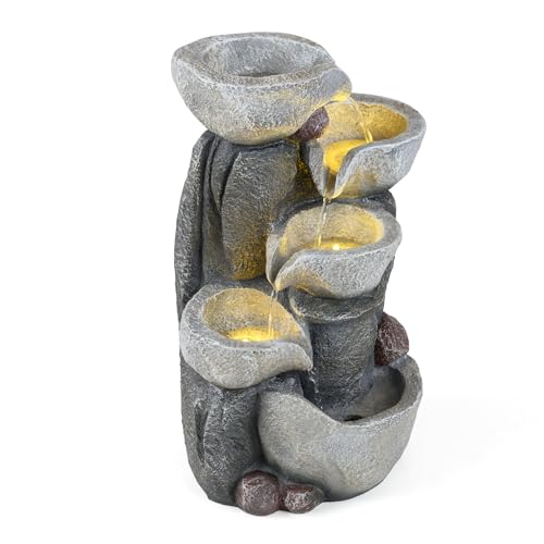 Image of COSTWAY 5-Tier Outdoor Water Fountain, Tabletop Cascading Waterfall Fountain with 3 LED Lights & Pump, Freestanding Garden Water Feature for Patio Yard Home Decor (44.5cm, Bowl Style)