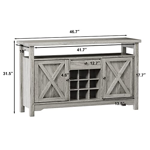 Hombck Coffee Bar Cabinet With Storage, Farmhouse Coffee Bar Buffet Cabinet With Barn Door, Grey Farmhouse Cabinet 47 Inch Kitchen Sideboard Buffet Storage Cabinet With Open Shelf, Washed Grey #TOP1