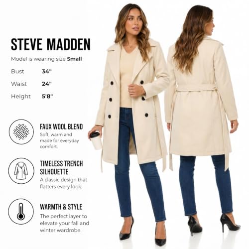 Image of Steve Madden Trench Coat for Women - Double-Breasted Long Winter Faux Wool