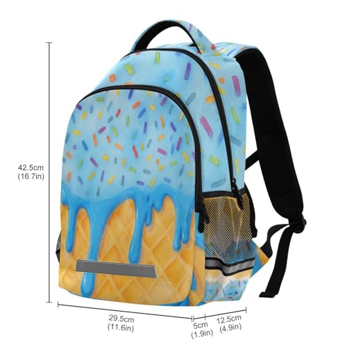 Image of Blue Ice Cream Drip Large School Backpacks with Chest Strap for Boys Girls Students,Lightweight Bookbags 17 Inch, Summer Waffle Portable Casual Daypack Bags