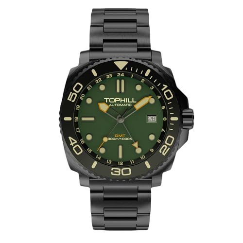 TOPHILL Armbanduhr Herren Automatik, Men Watch Profi-Tauchuhr, Wasserdicht Bis 300 Meter, Superluminova, Automatic Watch NH34Uhrwerk, Mit Datumsfenster, GMT (Schwarz)