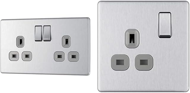 BG Electrical FBS22G-01 Double Switched Screwless Flat Plate Power Socket, Brushed Steel, 13 Amp & fbs21g Screwless Flat Plate Single Switched Power Socket, Brushed Steel, 13 Amp