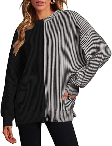 Image of Zeagoo Women 2026 Fall Lightweight Oversized Sweater Crew Neck Long Sleeve Color Block Pullover Rib Knit Blouse Tops XS-2XL