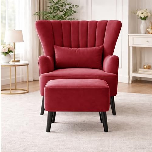 Image of Rosebell Velvet Accent Chair with Ottoman - Modern Upholstered Lounge Chair with High Back, Tufted Design & Comfortable Reading Chair for Living Room, Bedroom, Office-Red