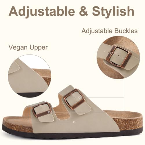 Image of KIDMI Women's Cork Footbed Casual Summer Sandals with Mild Arch Support | Double Adjustable Buckle Slides for Men with Memory Foam, Lightweight Unisex No-Break-In Sandals
