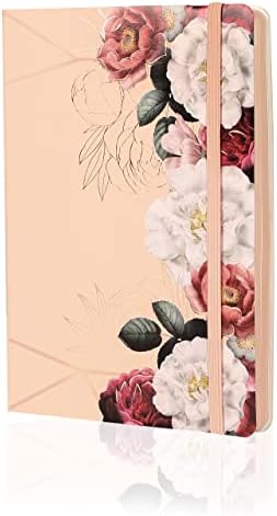 SuperBowell Floral Softcover Notebook,Golden Foil, Elastic Band & Expandable Pocket,100gsm Ink Proof Paper,Lined Journal,5.6X8.1,192 Pages. (Pink)
