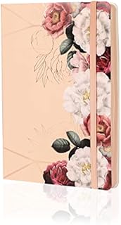 SuperBowell Floral Softcover Notebook,Golden Foil, Elastic Band & Expandable Pocket,100gsm Ink Proof Paper,Lined Journal,5.6X8.1,192 Pages. (Pink)