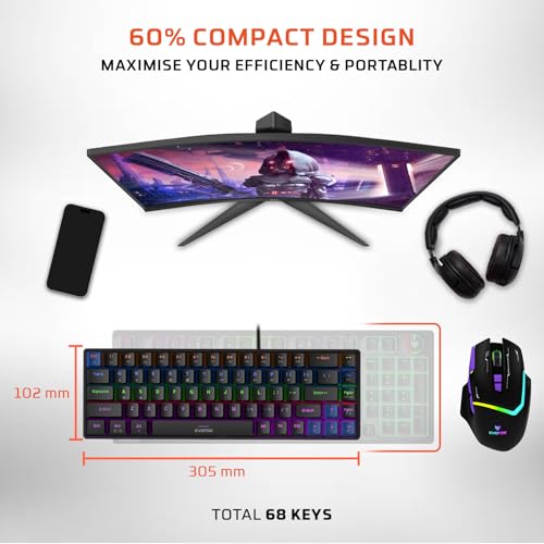 Image of EvoFox Katana S Mini Wired Mechanical Keyboard | Hot-Swappable Silent Red Switches | 68-Key Compact Layout | Vivid Rainbow Backlighting | 1000Hz Polling Rate, All Keys Anti-Ghosting (Black)