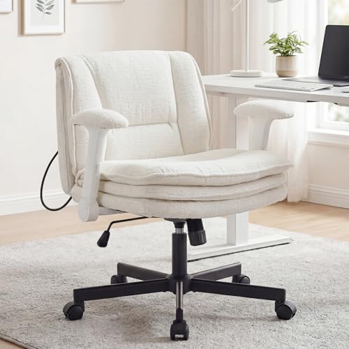 Image of Criss Cross Chair with Wheels and Flip Arms, Upholstered Cross Legged Office Chair with 3 Layer Cushions&Dynamic Airbag Lumbar Support, Wide Seat Comfy Desk Chair for Home Office, Living Room, Beige