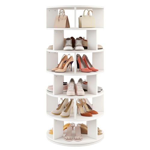 IBUYKE Zapatero Giratorio de 6 Niveles, Estante de Zapatos Giratorio 360°para 24 Pares de Zapatos, Organizador Vertical Redondo para Zapatos y Bolsos para Armario Pasillo Sala de Estar, Blanco WSR006W
