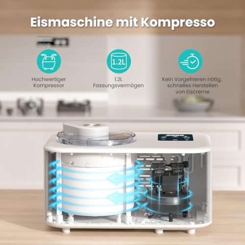 Acmeenjoy Eismaschine mit Kompressor 1,2L, Eismaschine Selbstkühlend 110W, mit Entnehmbarem Eisbehälter, inkl. Rezeptheft/Eisportionierer/Messzylinder mit Skala – Bild 4