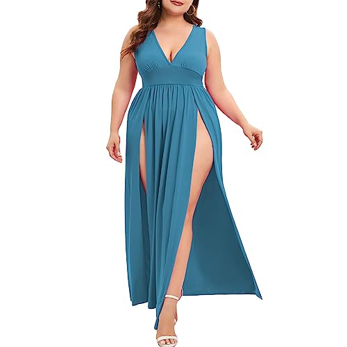 Image of SILUI Women's Summer 2026 Sexy Double High Slit Deep V Neck Plus Size Sundresses Thigh Split Maxi Club Party Dresses