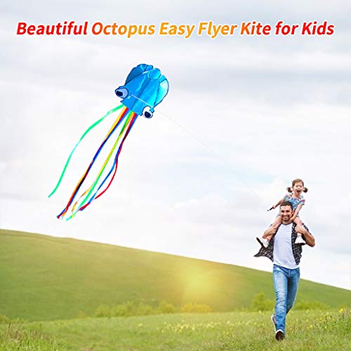 Binory Large Octopus Kite Long Tail Beautiful Easy Flyer Kites Beach Kites with Colorful Ribbon and Kite Board with 98.4ft String Outdoor Parent-Child Toys for Kids Adults Park(Blue) - Thumbnail 3
