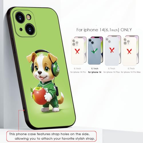 Charming Cartoon Dog for iPhone 14 Case - Playful Pup in Green Headphones & Sporty Outfit Holding Apple | Trendy Slim Protection for Girls & Women & Teens (B1-Cartoon Cute Dog)