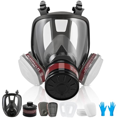 faburo Respirateur Intégral Réutilisable – 10 Filtres de Rechange & 5 Paires de Gants, Protection Respiratoire Complète Anti-Poussière et Anti-Gaz pour Peinture,...