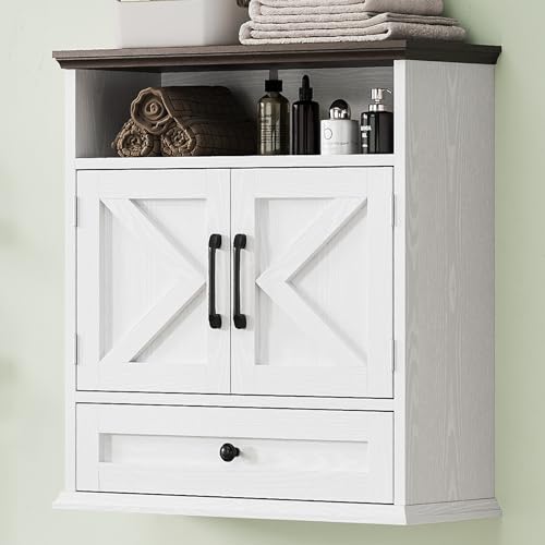 Image of Bathroom Wall Cabinet, Wall Mounted Medicine Cabinet 24.4 inchH x 23.6 inchW x 9 inchD | With Drawer, Barn Doors & Adjustable Shelf, White Over Toilet Farmhouse Storage Cabinet for Kitchen, Laundry Room, Entryway