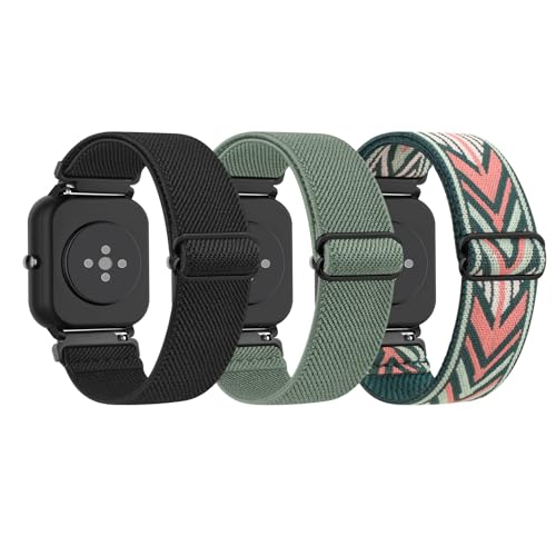 ZGCE 3 Piezas Correa para Amazfit Bip 3/Bip 3pro/Bip S/Bip S Lite/Bip Lite/Bip U, Correa Deportiva de Nylon Elástico para Amazfit GTS 3/GTS 4 Mini, Negro/Flecha/Verde Aguacate