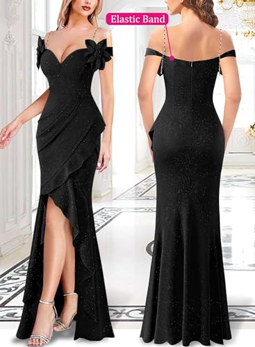 VFSHOW Womens Formal Spaghetti Strap Cold Shoulder Ruched Ruffle Slit Maxi Dress Sexy Sweetheart 3D Flower Prom Evening Gown2