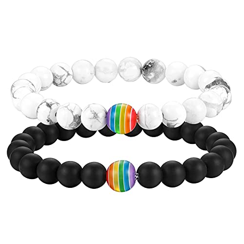 Flongo 2PCS Bracelets Perles Pierre pour Femme Homme Couples Amoureux Bracelet Rétro Bohême Blanc/Noir/Arc en Ciel pour Homo Gays Lesbiennes Fantasie Cadeaux Anniversaire Fête LGBT Gay Pride