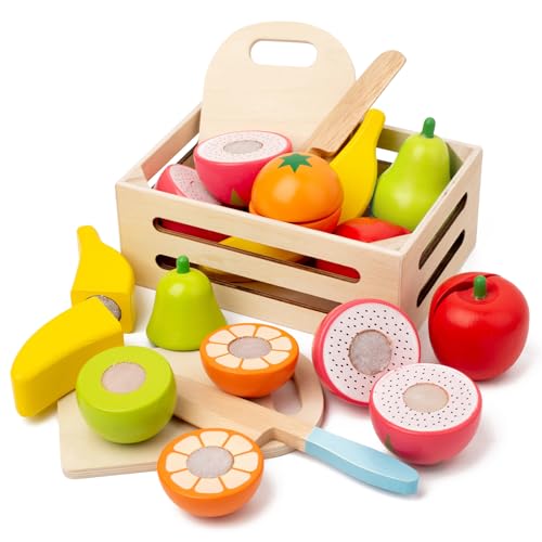Image of JOCES Play Food Sets for Kids Kitchen - Wooden Pretend Play Cutting Food Toys for Toddlers - Kids Kitchen Accessories - Montessori Toys for 3+ Year Olds - Christmas & Birthday Gifts