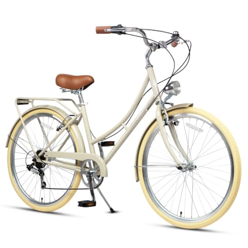 AVASTA Vela Women's 26' Hybrid Bike, Front Light, Beige, Cream Tires