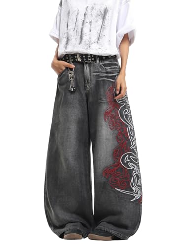 DFGIGT Men's Hip Hop Baggy Jeans Embroidered Wide Leg Skater Jeans Loose Fit Denim Pants Streetwear Y2k 2000s Jinco Extra Oversized Relaxed Extreme Skateboard,C25 Black,XX-Large