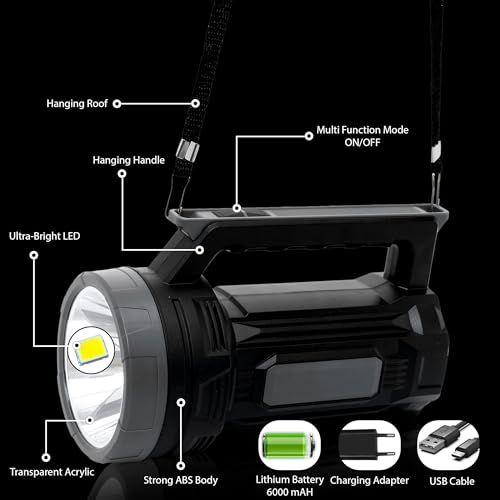 Image of High Power Torch Light, 800 Meter Long Range 1000 Lumens Emergency Rechargeable 3 Modes LED Flashlight for Camping, Emergency Light - 6 Months Warranty