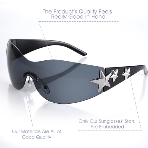 Y2K Sunglasses for Women Men Trendy Shield Wrap Around Sun Glasses Large Rimless Star Sunglasses4
