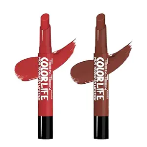 TEEN TEEN Color Life Nontransfer Crayon Lipstick |Matte Finish with Built-in Primer |Waterproof & Long Lasting Lip Color |Smudge-Proof, Fade-Resistant Formula |Combo Color (Ruby Red, Apricot)