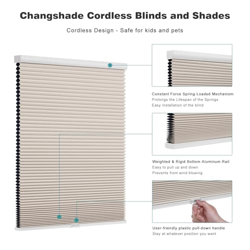 Changshade Cordless Cellular Shades, Blackout Honeycomb Shades for Windows, Pull Down Pleated Blinds, Easy to Install for Indoor Windows and French Doors,25" W x 64" H, Beige by Changshade - Image 3