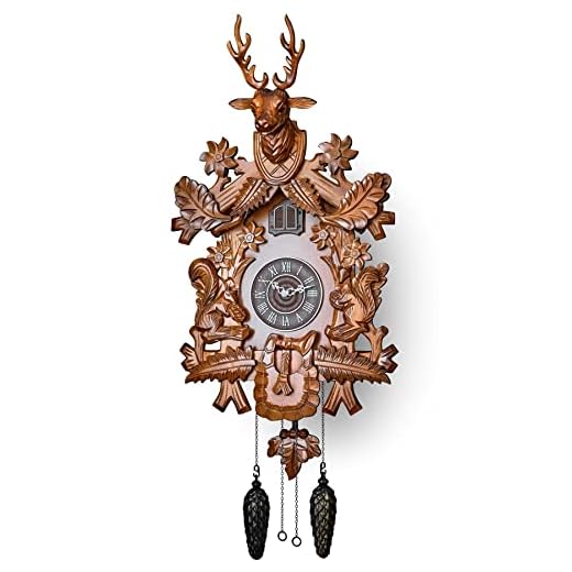 TIMEGEAR Cuckoo Clock with Automatic Night Mode, Hand Carved Deer Head and Wooden Decorations (Brown)