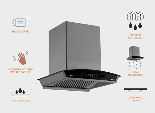 Image of Sujata 60cm Auto Clean Kitchen Chimney | 15 Years BLDC Motor Warranty & 5 Years Comprehensive Warranty | 11 Gesture & Touch Control, Powerful Suction, Low Noise, Wall Mounted, LED Panel(Quartz-Black)