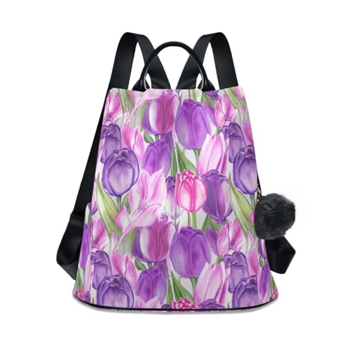 Mochila de viaje con pompón decorativo y estampado de tulipanes rosas para mujer