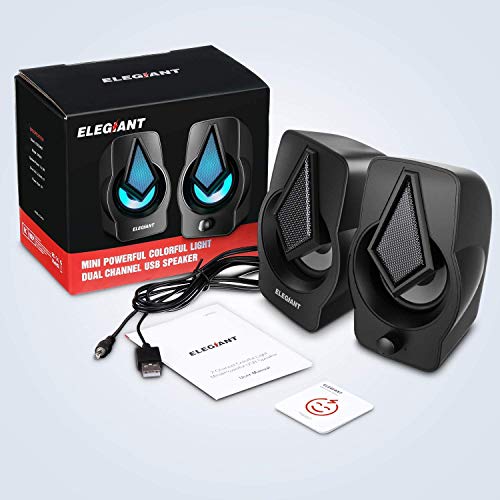 Computer Speakers ELEGIANT PC Speakers with 3 Light Modes, USB Powered Stereo Speakers, with 3.5mm AUX and Volume Control, Compatible with Gaming Desktop, PC Cellphone Tablets Desktop Laptop