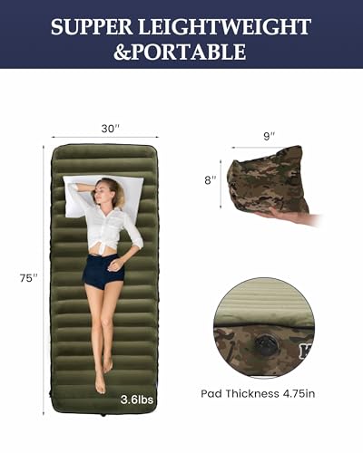 Image of Inflatable Sleeping Pad for Camping, Extra-Thick 4.75 inch Single Air Mattress with Soft Velvet Top, Machine Washable, Family Lightweight 4-Season Pad for Traveling & Hiking, Green