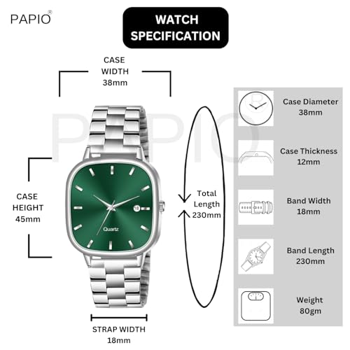 Image of PAPIO Analog Quartz Watch with Date Display | Silver Stainless Steel Strap | Square Dial Formal & Casual Wrist Watch for Men