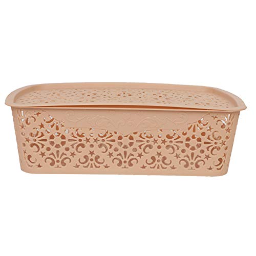 Image of Cutting Edge Essentials Plastic Storage Baskets /Shelf /Turkish Rack with Lid - Set of 2 for Fruit Vegetable Bathroom Stationary Home Basket with Handle (Beige, Medium)