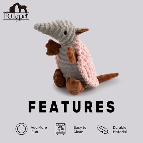 Image of Hollypet Plush Dog Squeaky Toy Stuffed Armadillo Animal Pet Puppy Chew Toys with Clean Teeth for Small Medium Large All Breed Sizes Dogs, Light Pink, 8 in