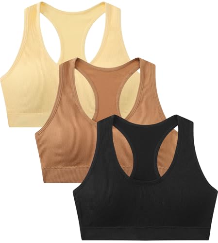 Suekaphin Girls Training Bra Supportive Seamless Sports Bras for Teens Girls with Racerback Removable Pads Pack of 3