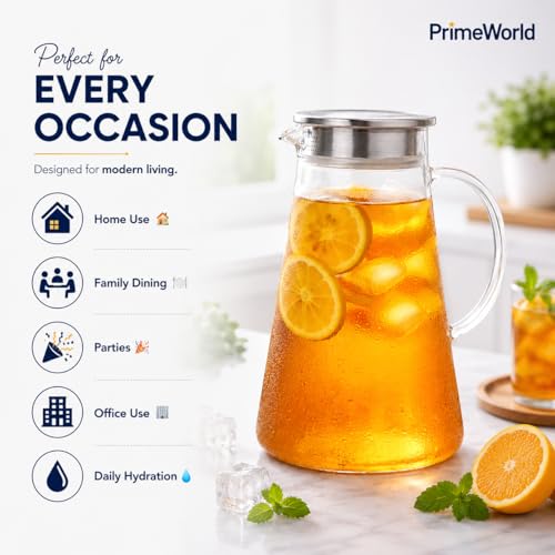 Image of PrimeWorld 1 pc 1.8 Litre Borosilicate Glass jug with Lid Stainless Stell Air Tight Water Pitchers with Handle for Fridge,Carafe for Hot /Cold Drink,Iced Tea, Coffee,Juice,Milk,Beverage-Microwave Safe