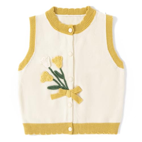 Girls Knitted Vest Vintage Solid Color Sleeveless Cardigan with 3D Floral Design Soft and Warm Toddler Vest