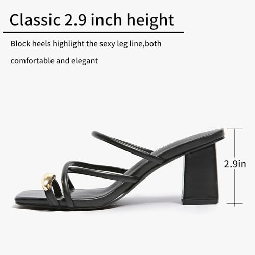 Image of Strappy Heels For Women Low Chunky Block Heel Heeled Sandals Square Open Toe Slip On Slides Flip Flops Mules