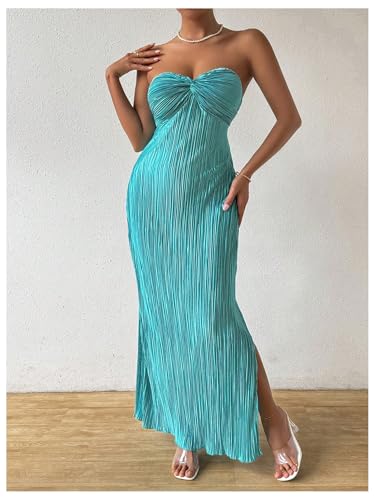 Milumia Women's Twist Front Strapless Bodycon Dress Summer Split Thigh Maxi Tube Dresses Vacation Outfits4