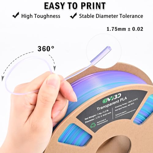 Image of OVV3D Transparent PLA Filament 1.75mm, Multicolor Translucent 3D Printer Filament, Clear PLA Blue Green Purple Gradient Color Change, Spool 1KG, + /- 0.02 mm, Fit Most FDM 3D Printers