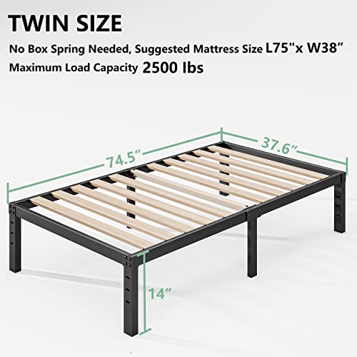 Breezehome Twin Size Bed Frame With Wide Wood Slats / 14 Inch High Heavy Duty Meta Mattress Foundation/Noise-Free Platform/No Box Spring Needed/Easy Assembly #TOP2
