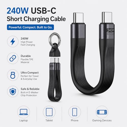 Image of 240W USB4 Fast Charging Cable with Keychain, 40Gbps Data Transfer & 8K Display, Short Tangle-Free USB C Cable for MacBook, iPhone, iPad, Samsung & Laptop (USB Cable(C) Cable+Pouch(Black)