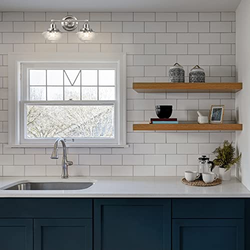 Image of Design House Vintage-Inspired Schoolhouse 2-Light Dimmable Vanity Light, 16.875 in x 7.625 in x 9.5 in, Satin Nickel, Clear Seeded Glass Shades, 589135-SN