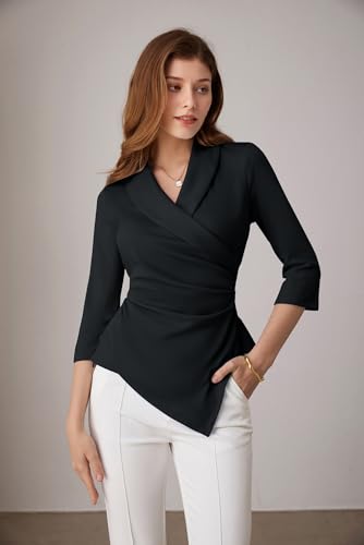 GRACE KARIN Women's V Neck Casual Work Tops 3/4 Sleeve Office Dressy Blouse Asymmetrical Elegant Shirts2