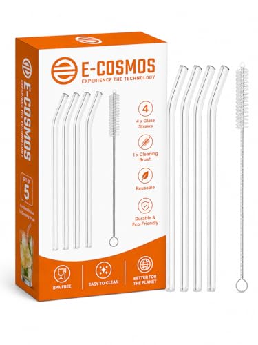 Image of E-COSMOS 5-Piece Reusable Glass Straw Set, 4 Bent Transparent Straws with 1 Cleaning Brush, Elegant Glass Drinking Straws for Hot or Cold Drinks, (4 Bent +1 Brush)