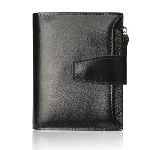 FT FUNTOR Small Wallet for Women Genuine Leather Bifold Compact RFID Blocking Zipper Pocket Ladies Credit Card Slots Purse with ID Window